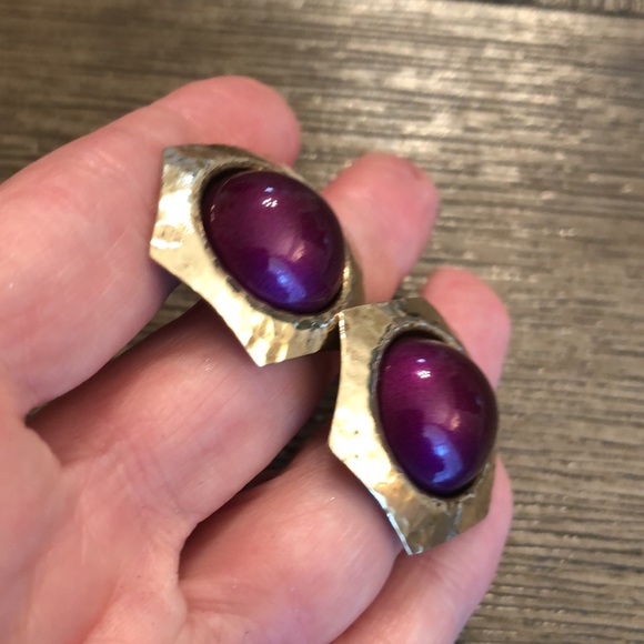 Vintage Hammered Brass Hexagon Earrings with Purple Center - Picture 9 of 14